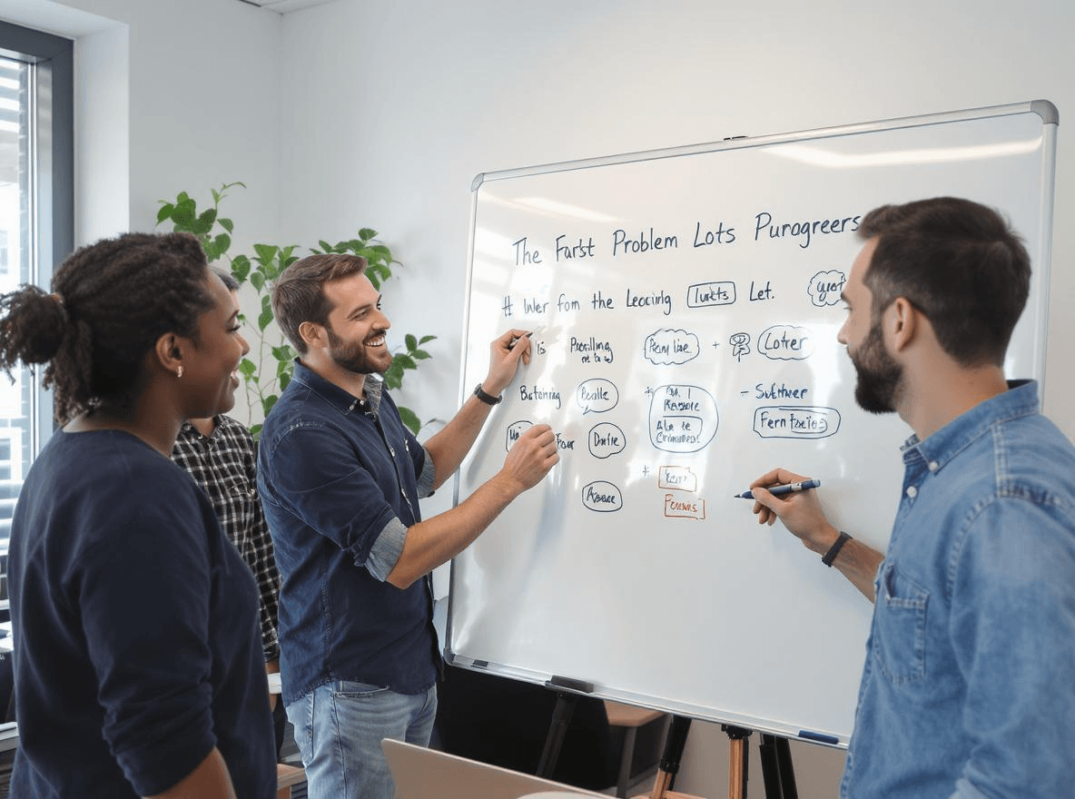 A photograph of a small, diverse team of software engineers in a modern, bright office. They are gathered around a whiteboard, actively sketching out ideas and smiling.